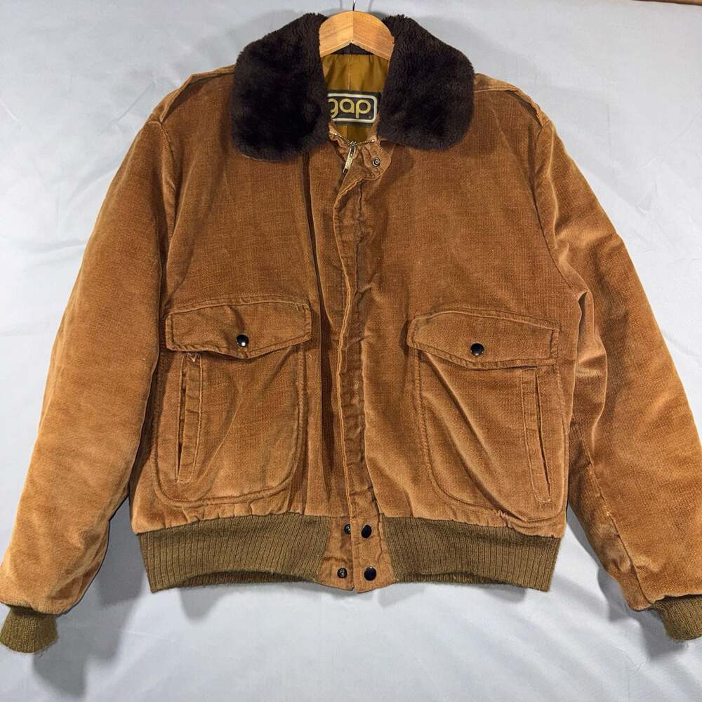 Vintage 70s Gap Corduroy Bomber Jacket with Faux Fur Collar Size XL
